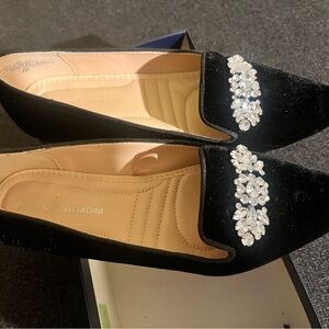 Adrienne Vittadini Black Velvet Loafers with Crystal Embellishments